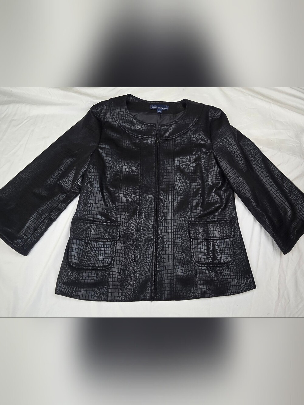 Susan Graver Style Black Faux Leather Croc Embossed Zip Jacket Women's - Small